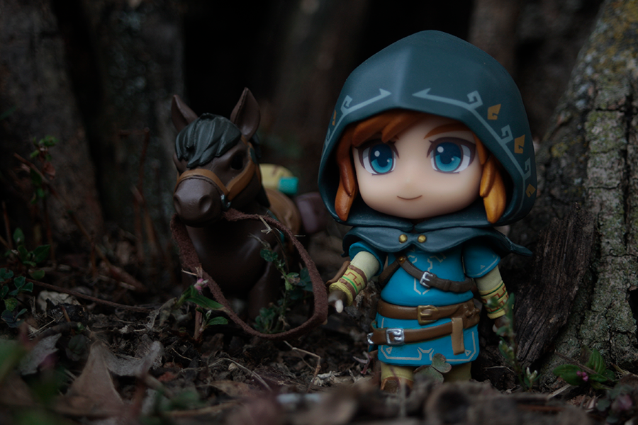  Photo featuring figures from the Legend of Zelda. The main character Link is seen walking their horse through a wooded area.